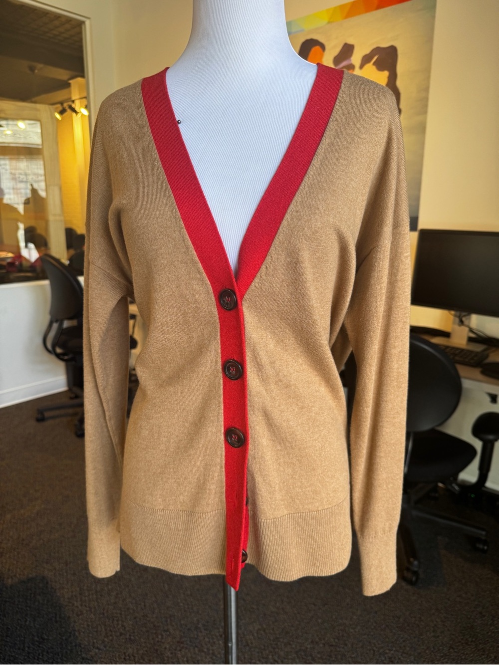 Boden Camel Cardigan with Red Trim